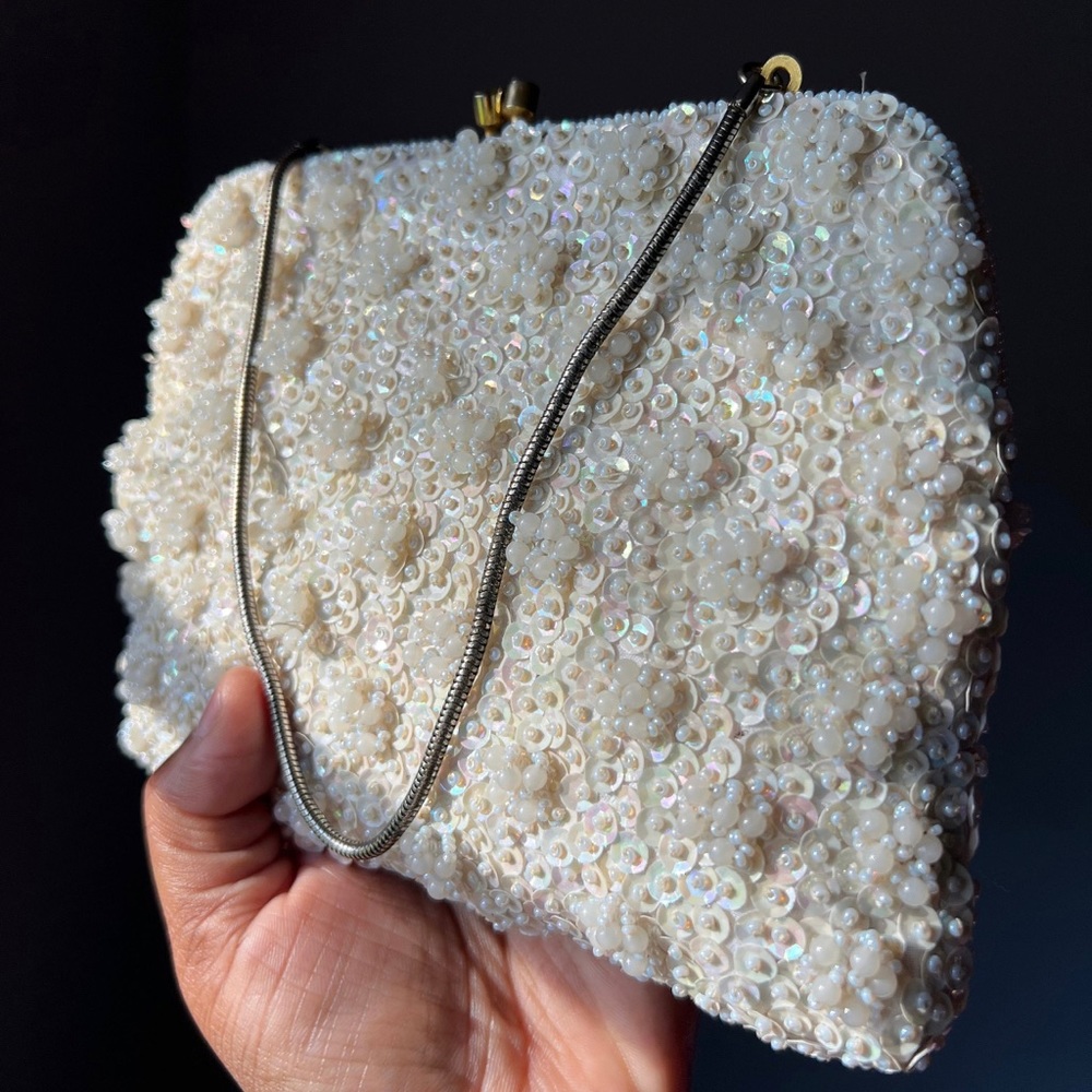 Richere by Waldorg Cream Pearlescent Fully Beaded and Sequin Purse